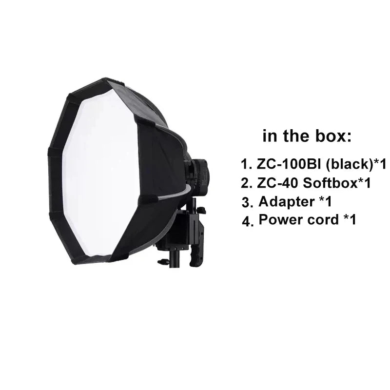 Octagonal black photography softbox attached to a studio light, with a list of included components like power cables.