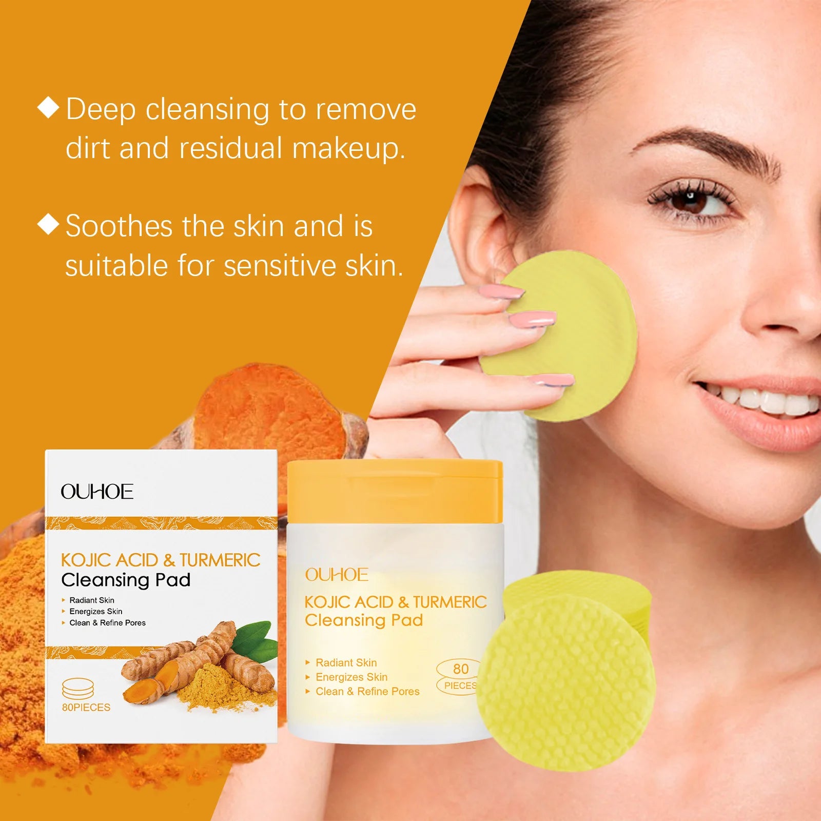 OUHOE Turmeric Kojic Acid Exfoliating Cleansing Pads Fade Dark Spot Oil Brightening Moisturizing Whitening Facial Sponges Cotton