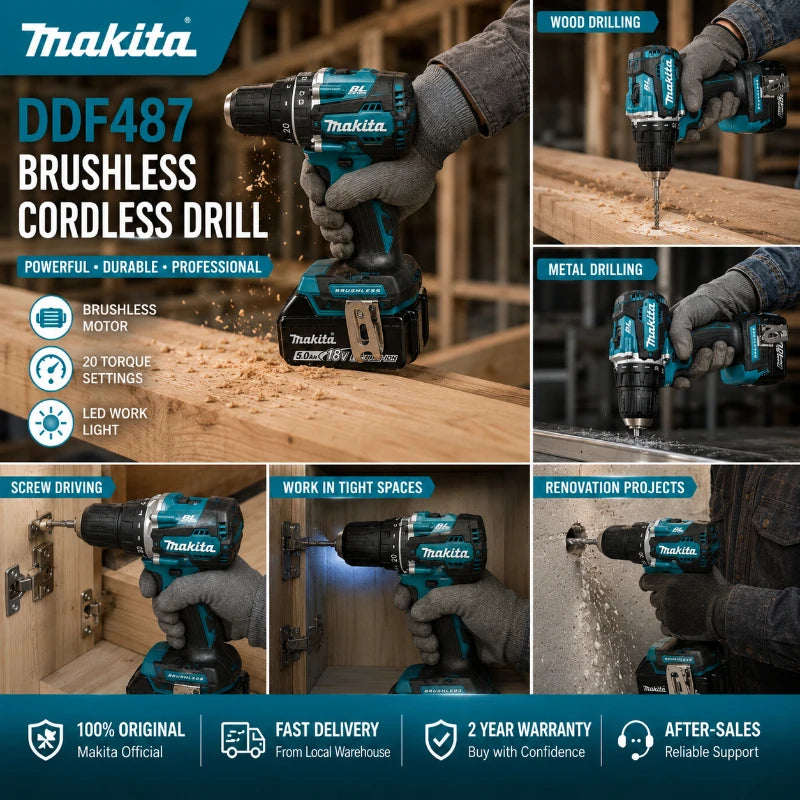 Makita 18V LXT Brushless Cordless Drill DDF487 + BL1860B BL1840 6.0Ah Battery Pack OEM Original High Torque Power Tool Set EU Warehouse Fast Shipping