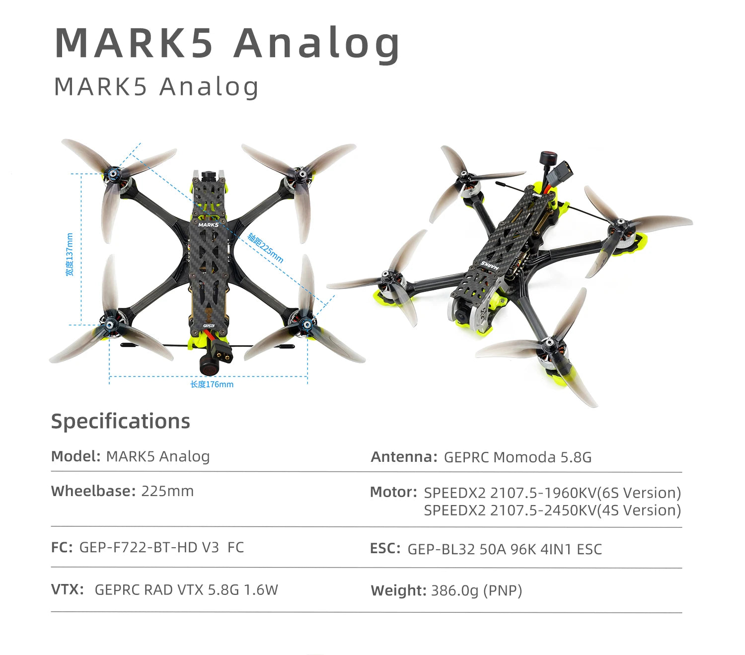 GEPRC MARK5 Analog FPV Drone 5-Inch 6S Freestyle Quadcopter Tidesmit