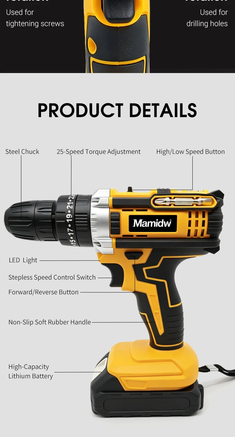 25+3 Torque Impact Drill Electric Screwdriver Cordless Electric Hammer Drill Driver 2 Gear Speed Lithium-Ion Battery Power Tool