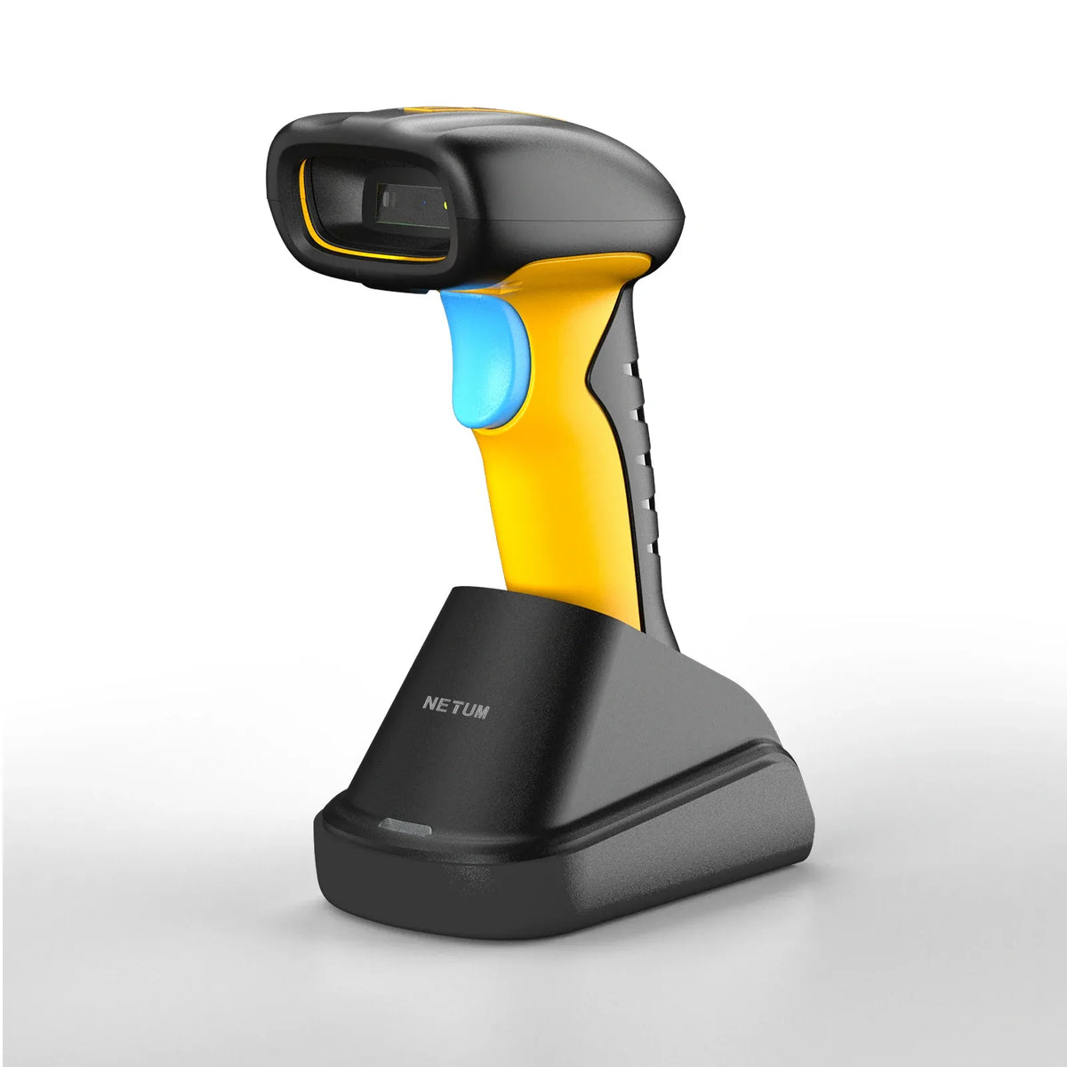 Yellow-and-black handheld 2D barcode scanner stand base with black grip