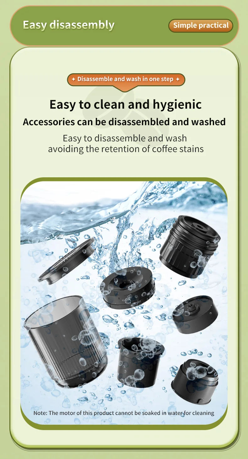 Black portable coffee maker parts in water showing easy disassembly and hygienic cleaning design features.