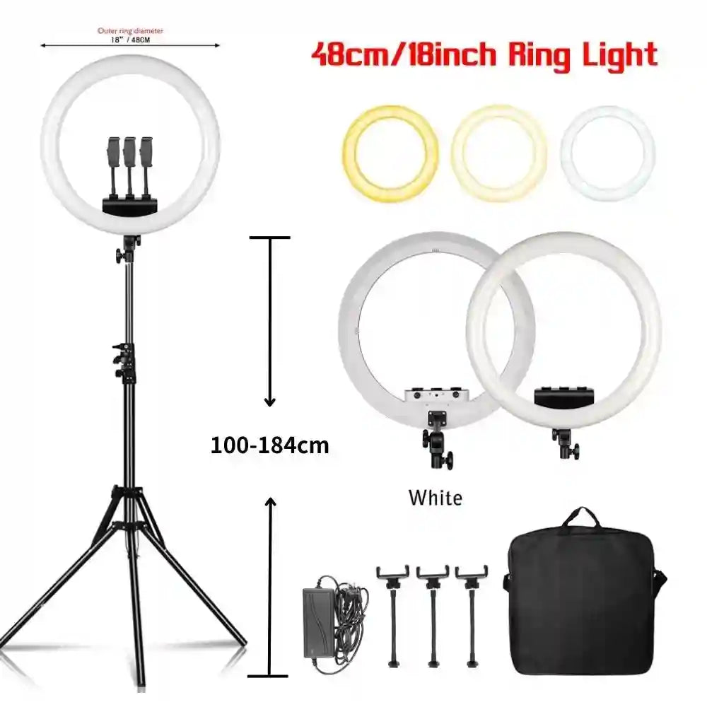 18-inch LED ring light with adjustable tripod stand, three phone holders, power adapter, and carrying case.