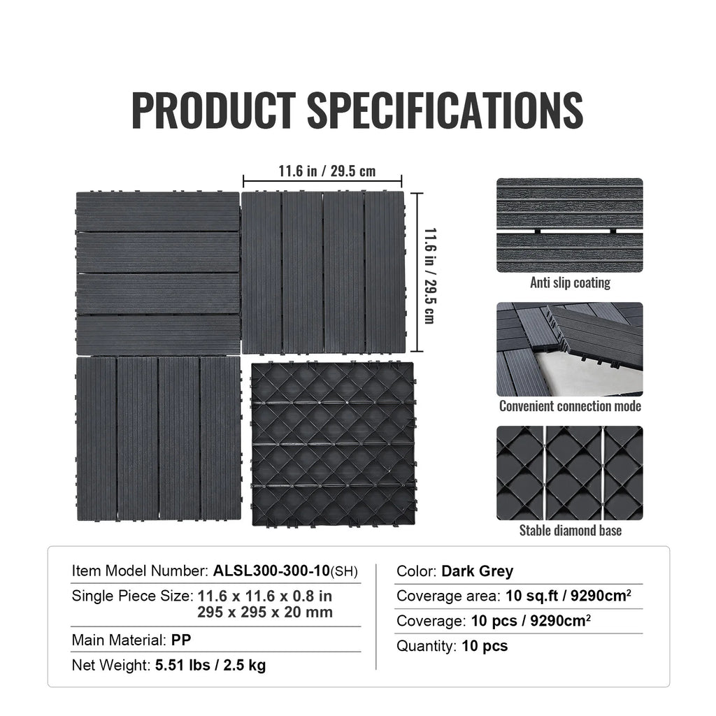 SucceBuy  Interlocking Deck Tiles Plastic Waterproof Outdoor Flooring All Weather Use Patio Floor for Porch Poolside Dark Grey