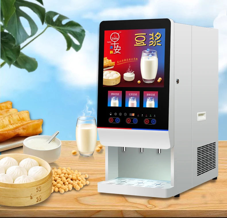 Time commercial soy milk maker, white metal finish with digital touchscreen display for beverage dispensing.