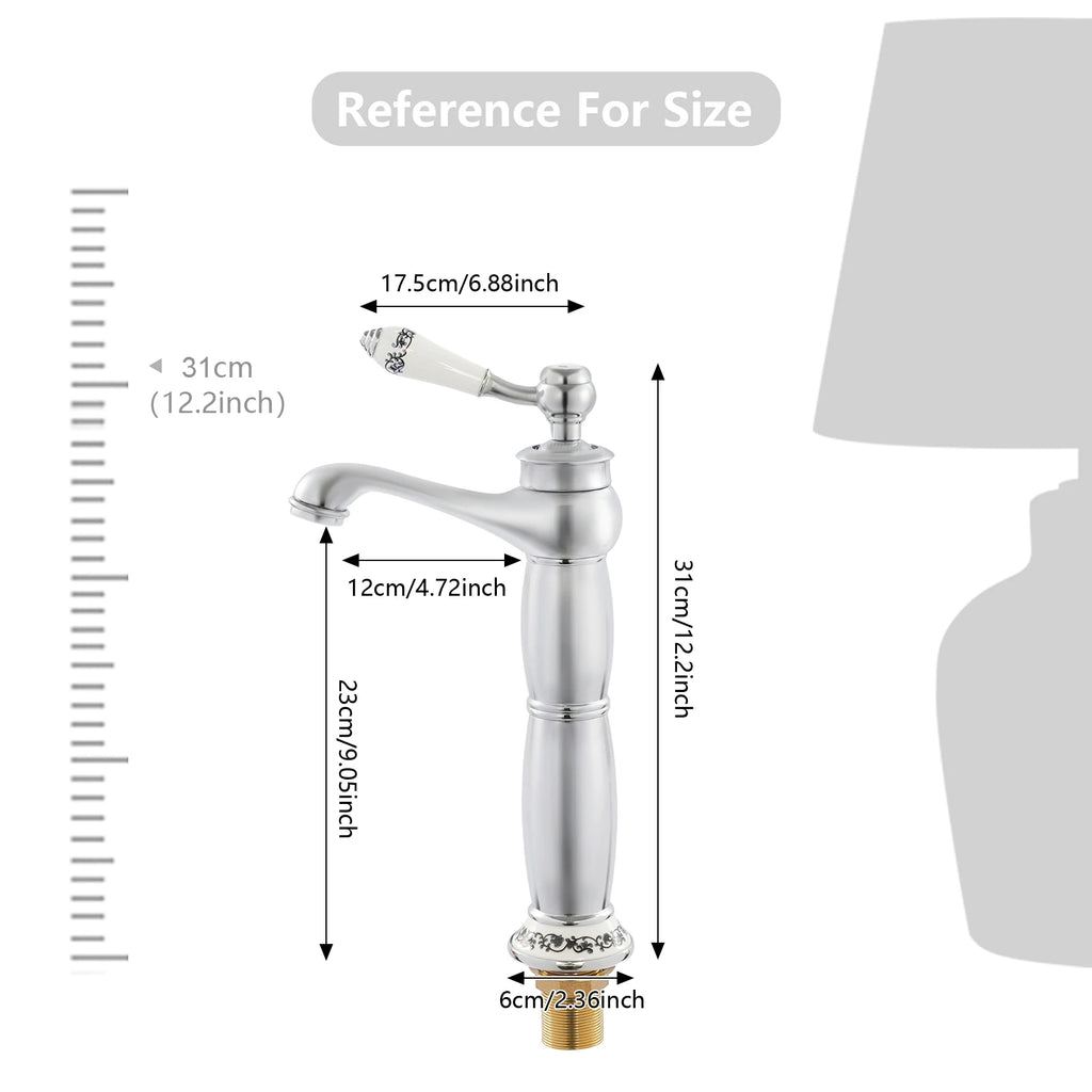 Solid Brass Silver Single-Handle Bathroom Faucet, Chrome-Plated Modern Deck Mount Basin Tap, 0.5-0.7MPa High-Pressure Cold/Hot Water Mixer