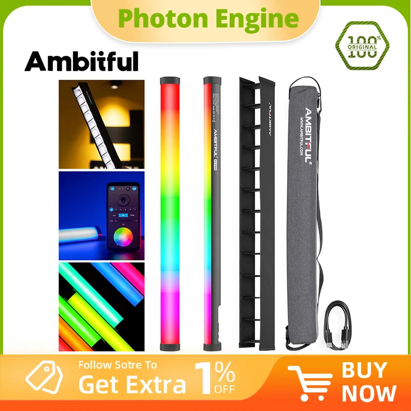 RGB LED light wand with grid, carrying case, and USB cable for photography and video lighting.