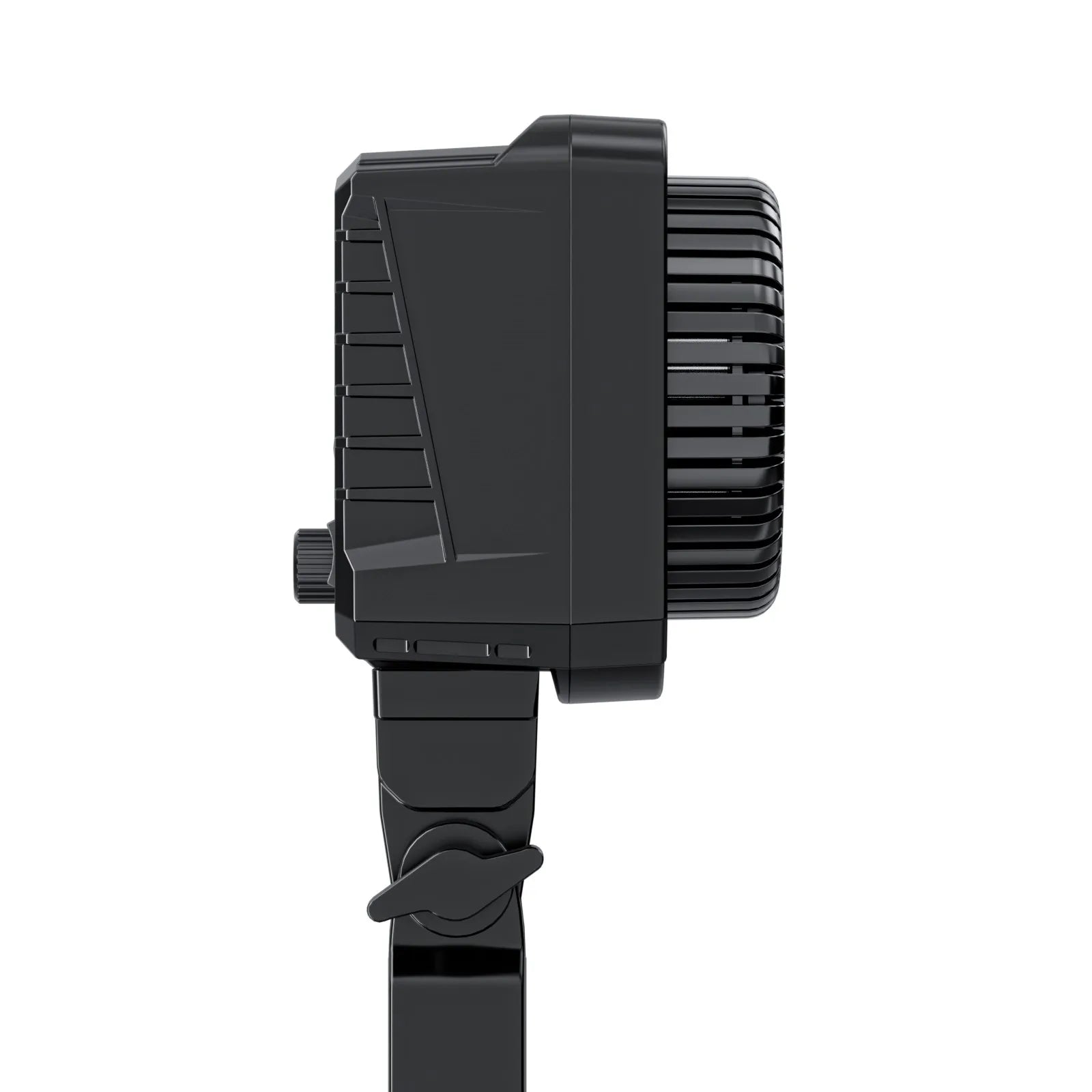 Black studio LED video light, side view, mounted on a stand with a prominent ridged metal heat sink housing.