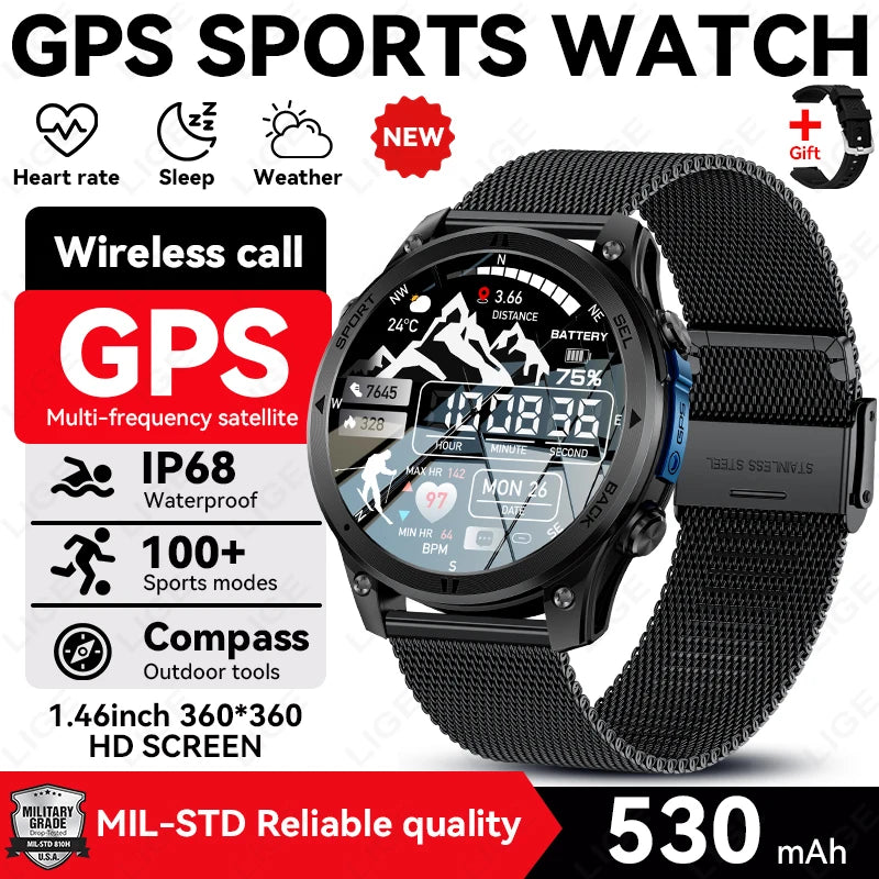 Black GPS sports smartwatch with mesh strap, round case, and 1.46 in HD screen.