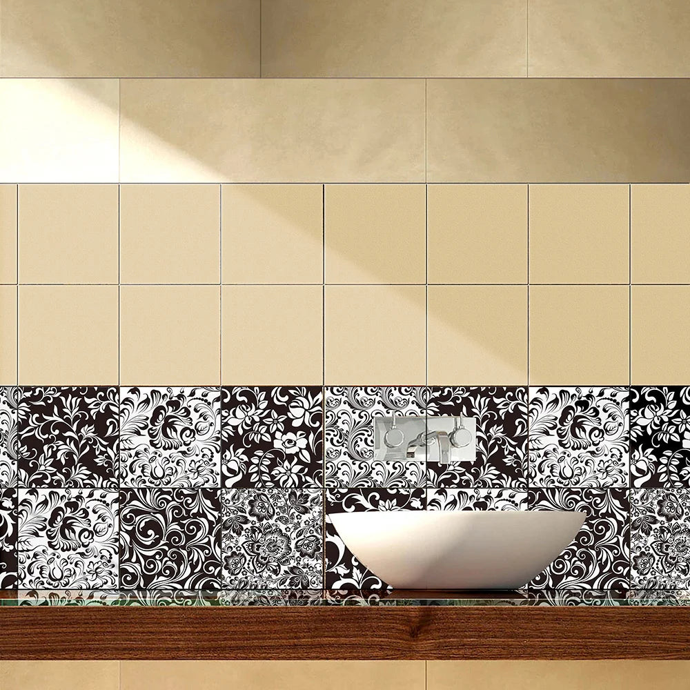 10 pcs/pack, Black and White Floral hard PVC Self-Adhesive Tile Stickers - Waterproof, Oil-Proof, Easy to Clean for Home Decor