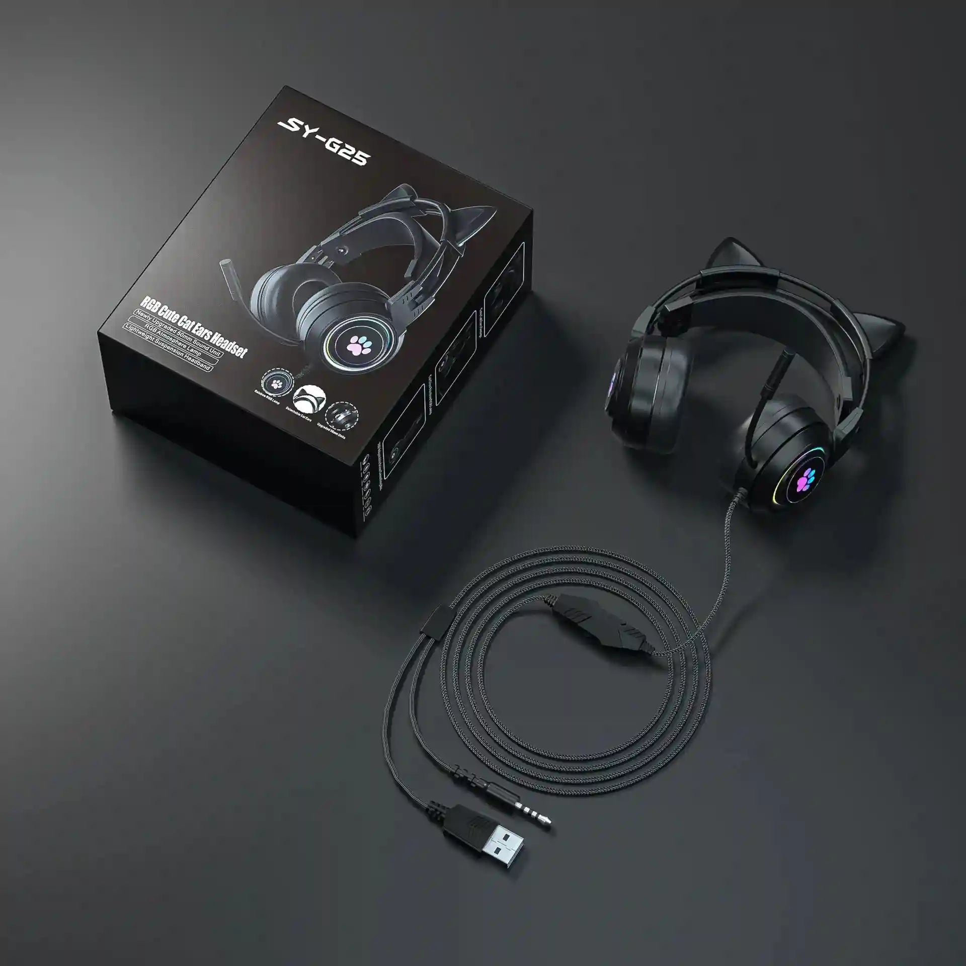 Wired Gaming Headphones Noise Cancelling Over-Ear Headset SY-G25 Black Cat Tidesmit