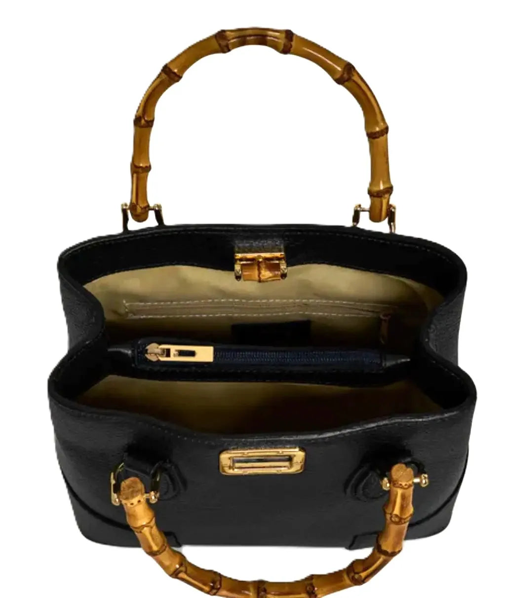 Black genuine leather designer tote with gold hardware, bamboo top handles, and secure frame lock closure.
