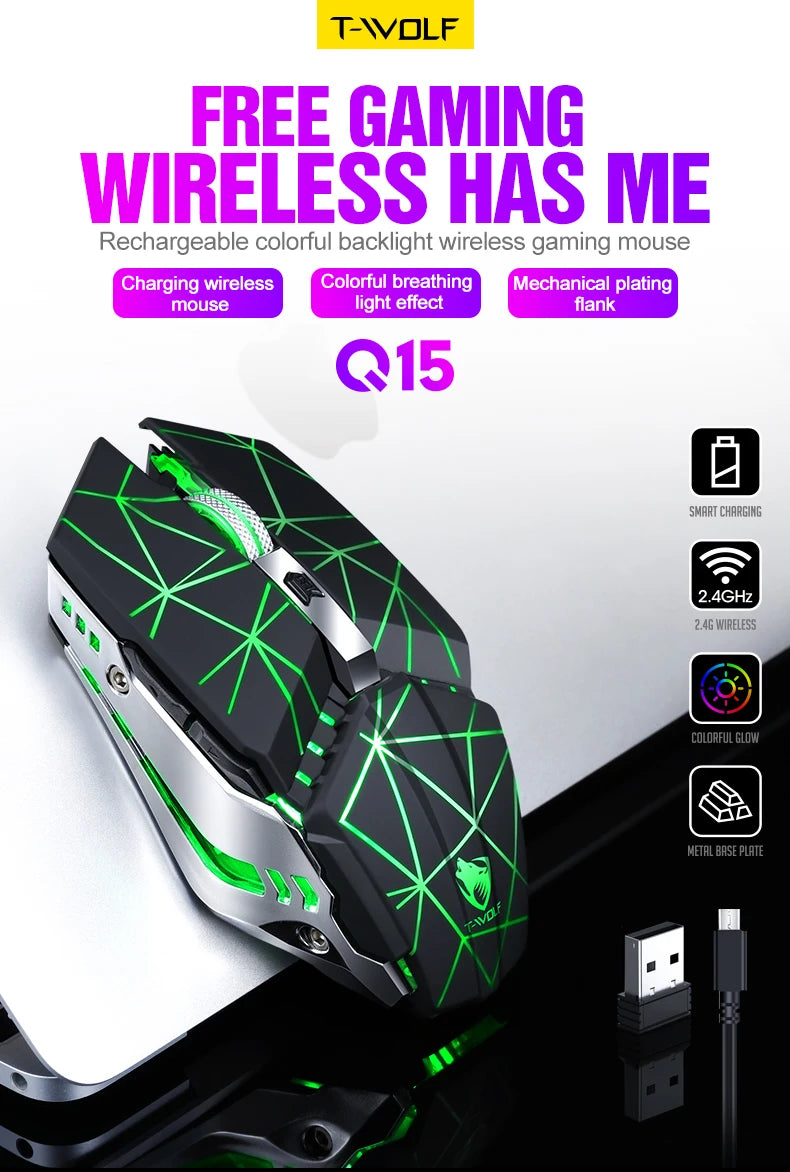 T-WOLF Thunderwolf Q15 Rechargeable Wireless Mouse RGB Glow Game Office Silent Laptop 2.4g Rechargeable Wireless Mouse