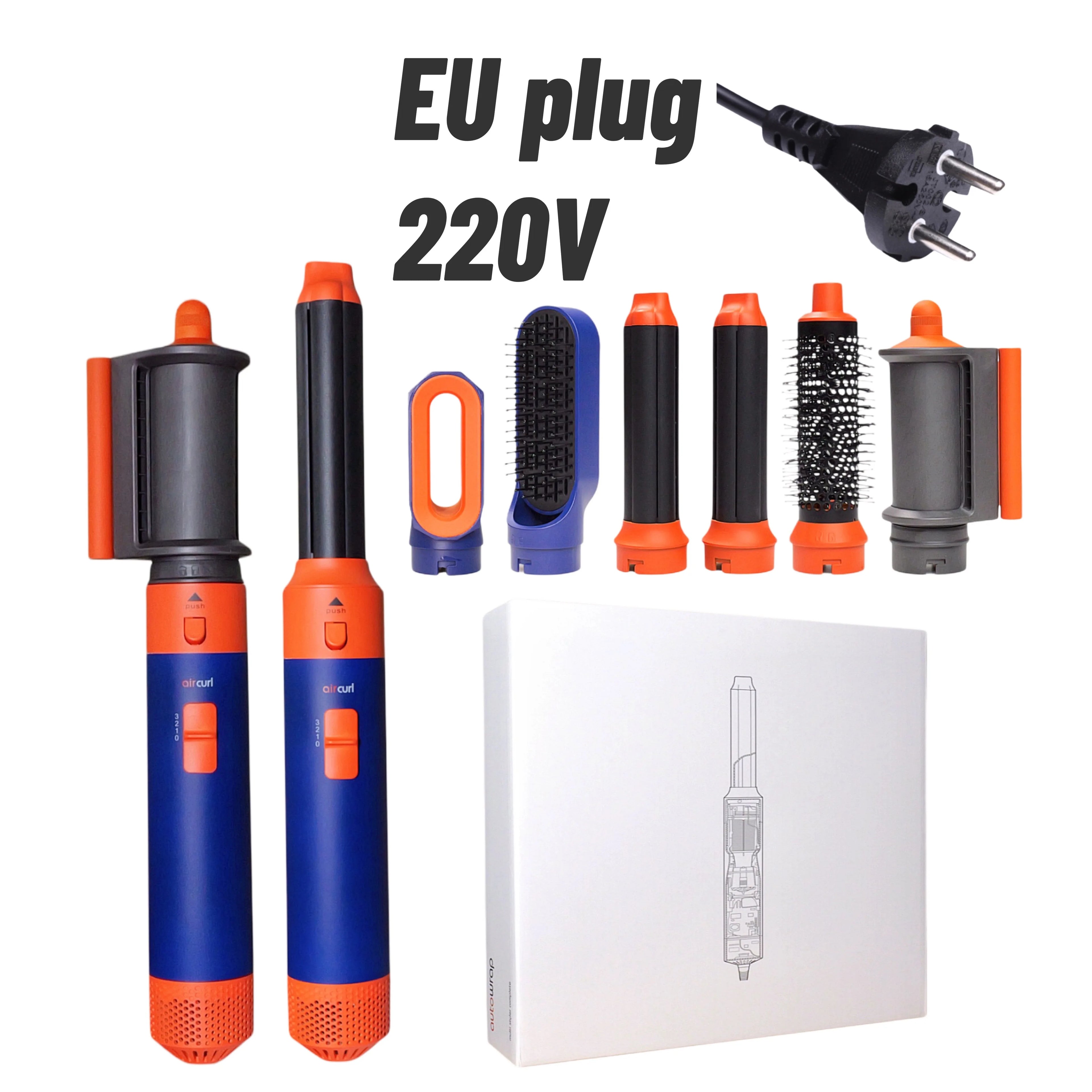 6-in-1 hot air styler set in blue and orange with curling barrels, brushes, and EU plug for versatile hair styling.