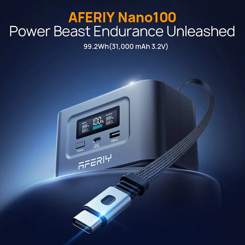 AFERIY Nano100 portable power station with digital display and connected USB-C cable