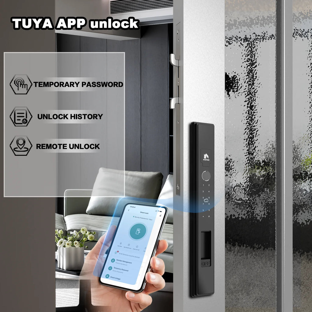 WINFREE Slim Swing or Sliding Door Smart Lock with Fingerprint Passcode Card Digital Tuya Bluetooth Smart Lock