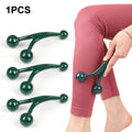 Dark green, Y-shaped plastic handheld roller massager with three smooth balls for massaging legs and muscles.