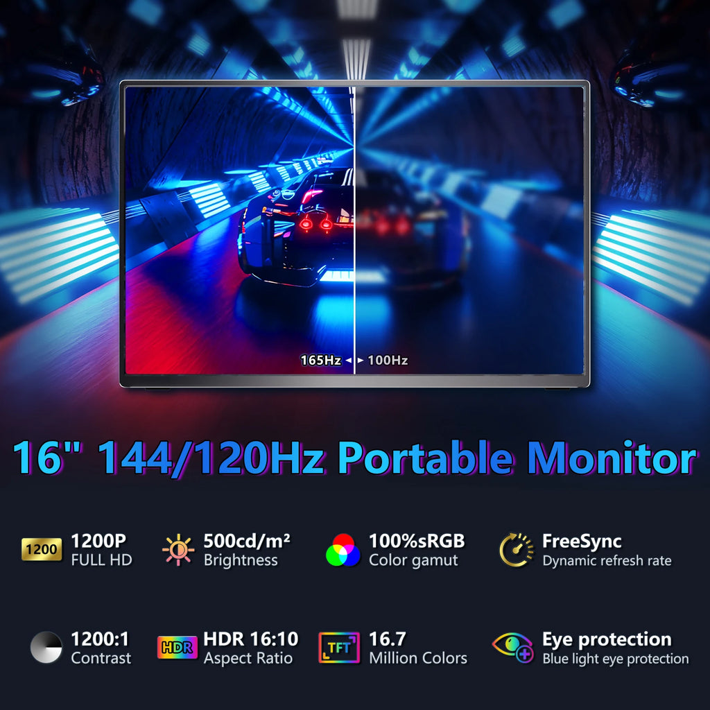 16" 2.5K 165hz 144hz Portable Monitor 1920*1200 16:10 100%sRGB 450Cd/m² Travel Gaming Display for Laptop Switch ps4 ps5 Xbox