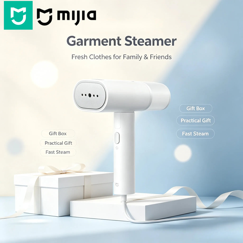 Xiaomi Mijia garment steamer in white, presented as a practical gift in a box for fast, fresh clothes.