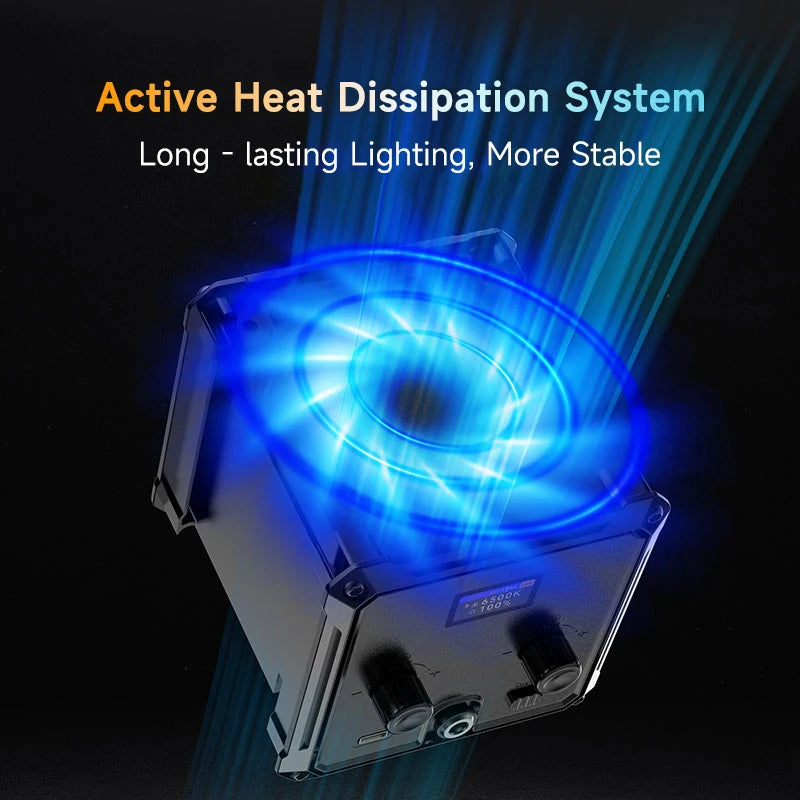 Square LED light with integrated cooling fan, control knobs, and digital display, shown emitting blue light effects.