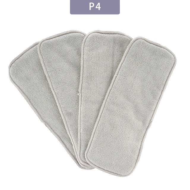 Four gray reusable microfiber baby cloth diaper inserts for absorbent baby care.