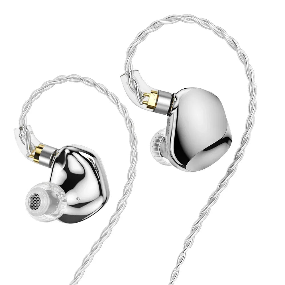 Chrome-finished in-ear monitors with detachable braided cables and clear silicone ear tips for high-fidelity audio.