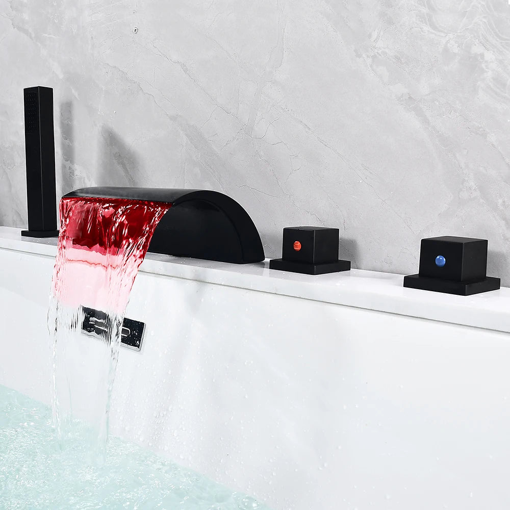 Black Bathroom Faucet Set with LED Light 2-Way Bathtub Mixer, Waterfall and Hand Shower Tap for Modern Bathroom