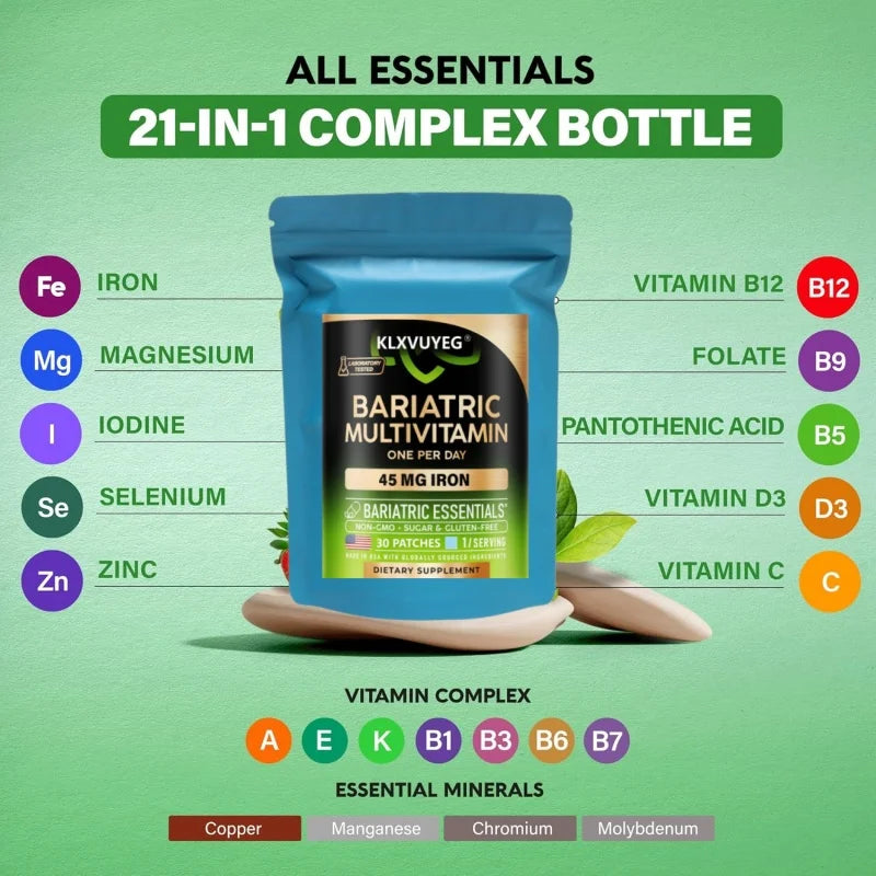 Bariatric Multivitamin - 45 mg Iron Supplements - All-in-One, 21 Essential Vitamins - Gastric Sleeve Support, 30 Patches/bag
