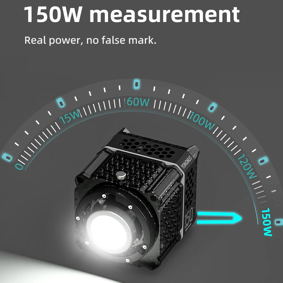 Black 150W LED video light with square housing, cooling vents, and a bright circular beam, shown with power level dial.