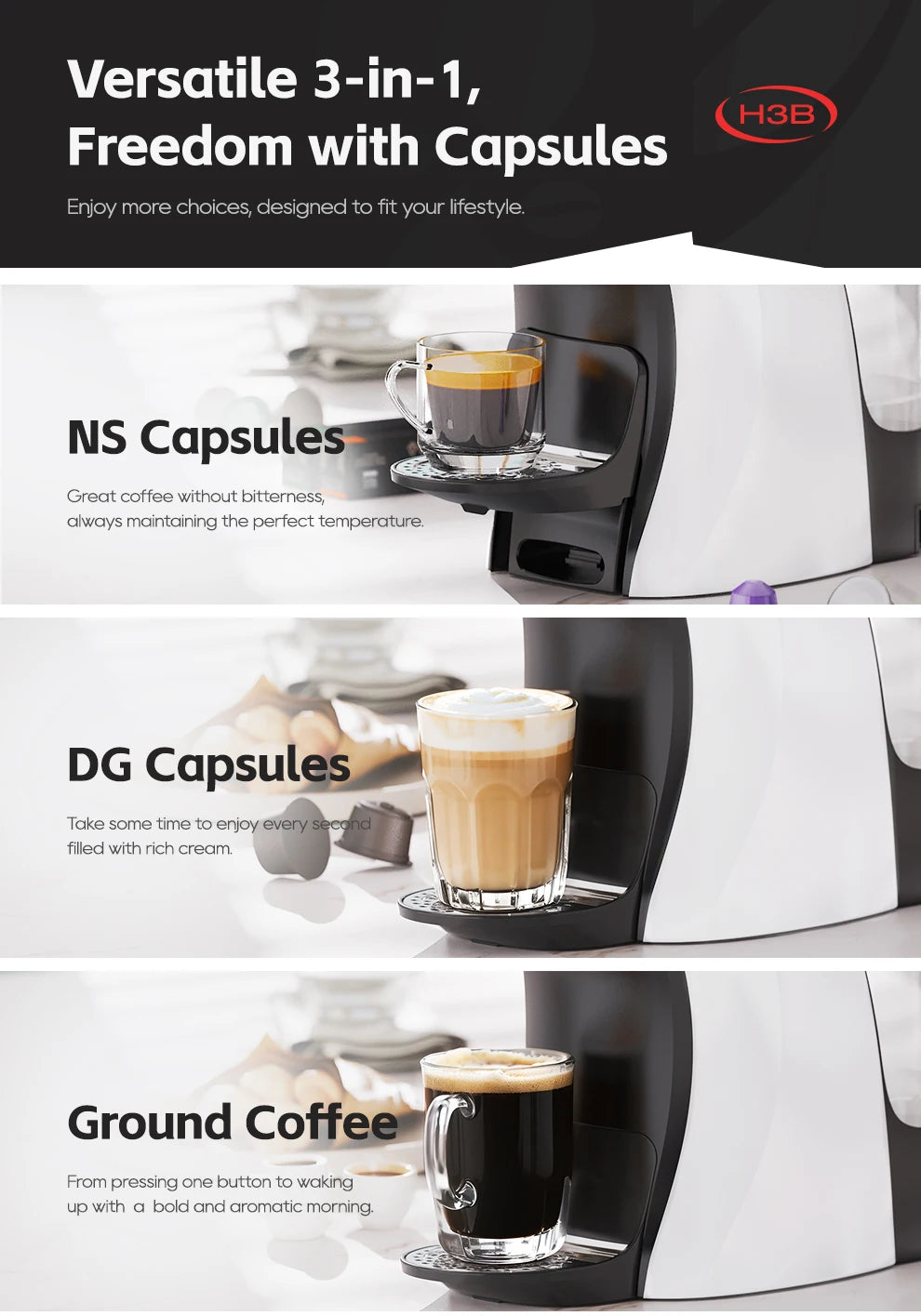 H3B 3-in-1 coffee maker in white and black, compatible with NS capsules, DG capsules, and ground coffee.