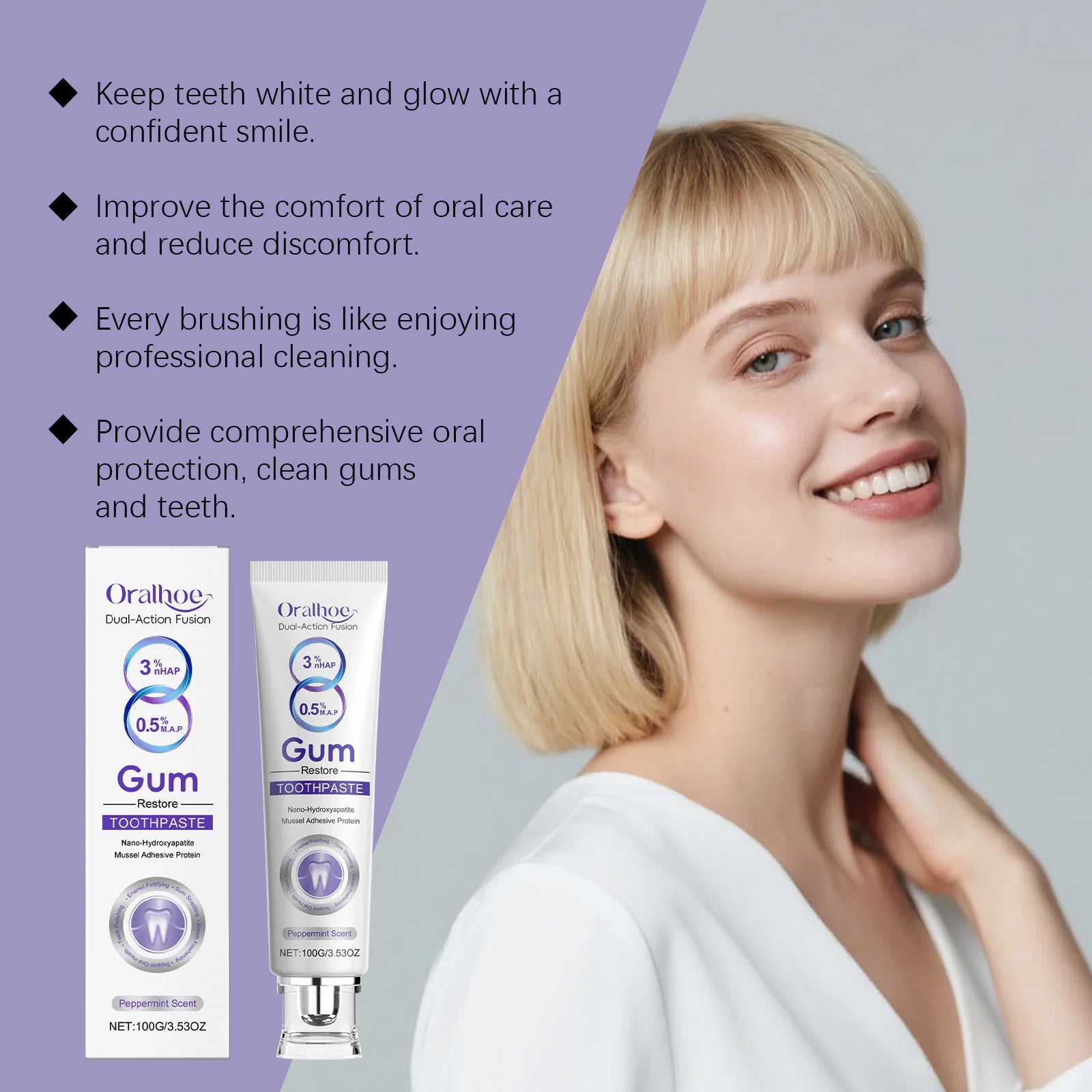 Tidesmit gum repair whitening toothpaste for sensitivity relief, stain removal, and fresh breath.
