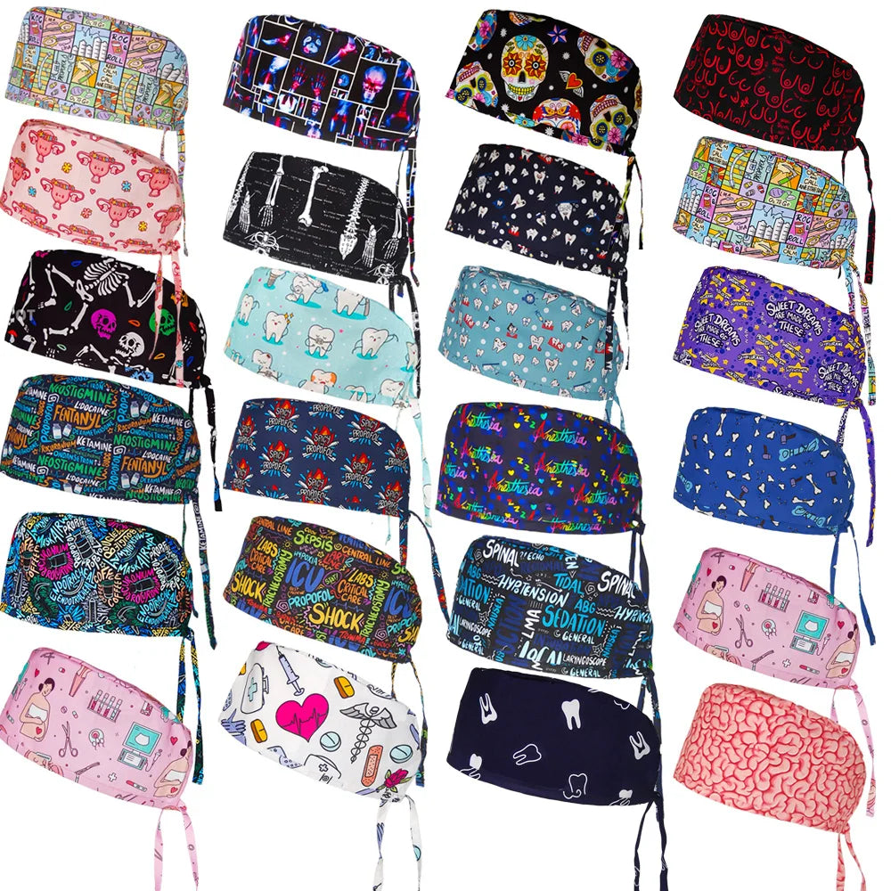 Adjustable scrub caps with sweatbands for vets and medical staff, featuring various colorful patterned prints.