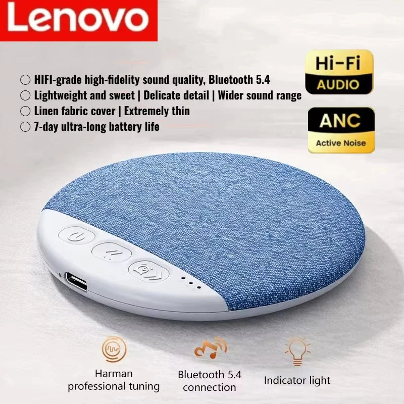 Blue fabric Lenovo white noise machine for sleep with white control buttons and USB-C port.