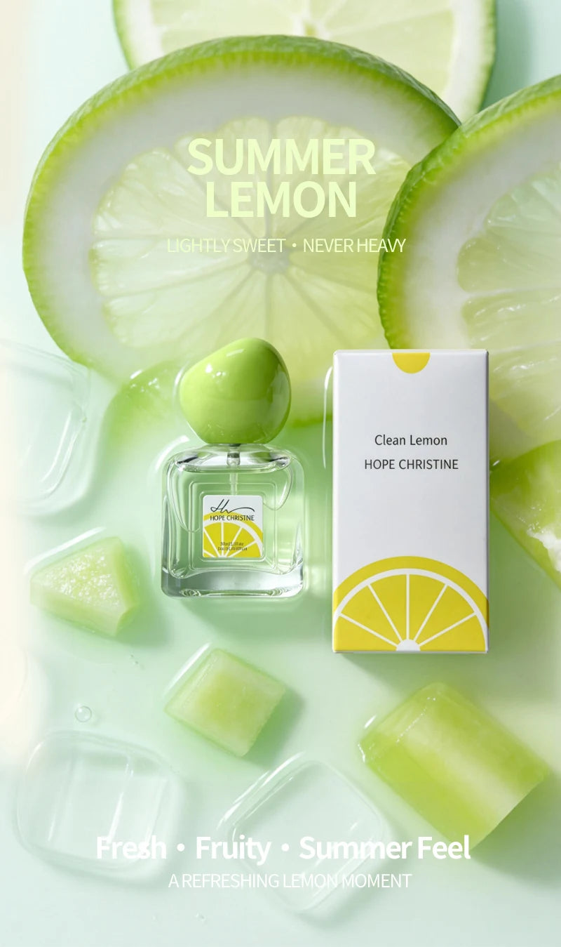 Hope Christine Clean Lemon women’s perfume: fresh citrus, pomelo, vanilla coconut scent in a square glass bottle.
