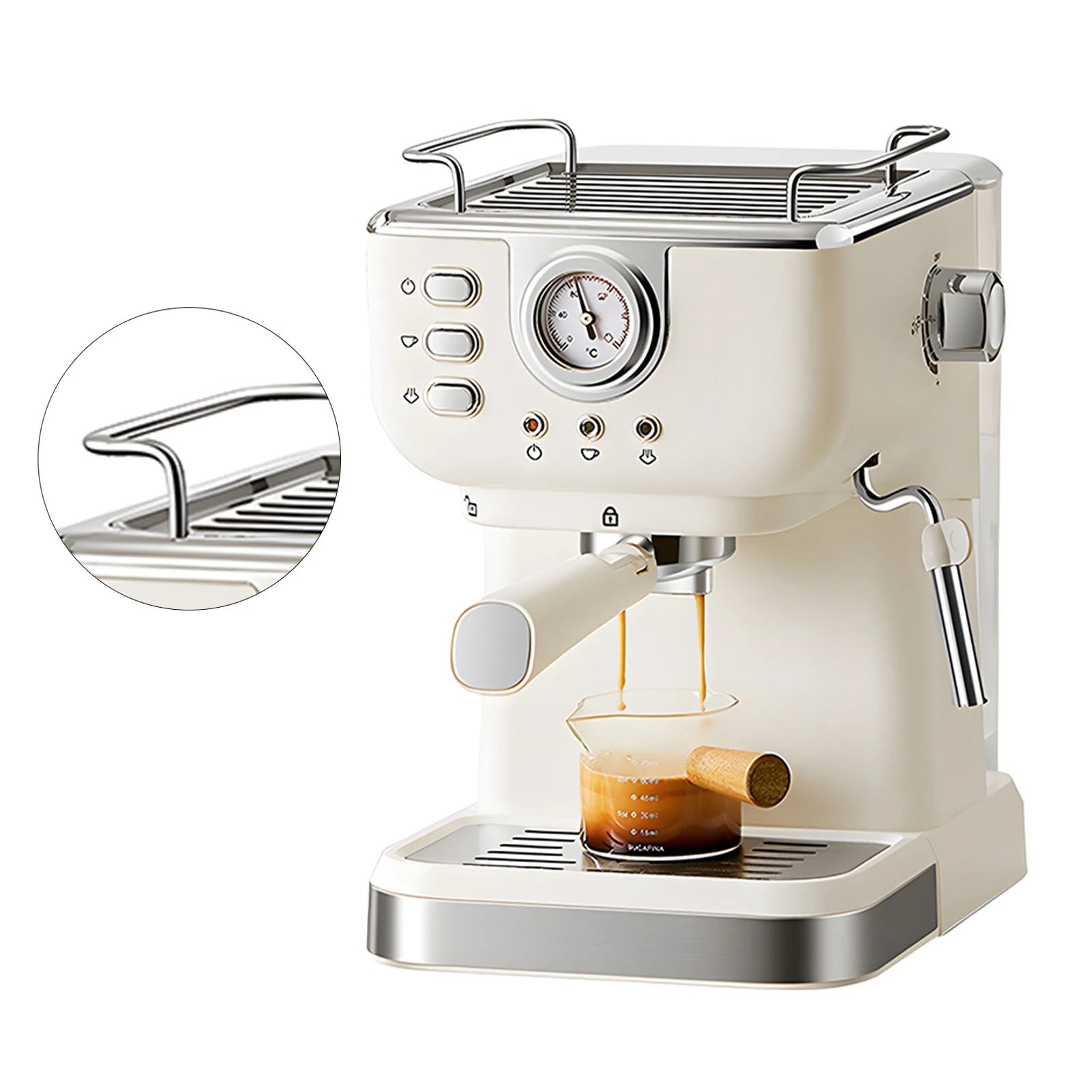 Cream-colored vintage style espresso machine with pressure gauge, steam wand, and portafilter for home coffee brewing.