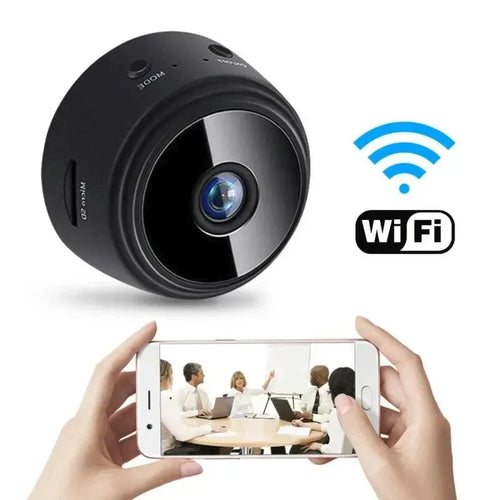 Black WiFi mini camera with wide-angle lens, compact dome body, and side view