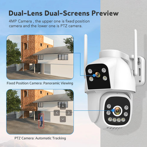 White outdoor dual-lens PTZ security camera with preview panels for fixed and tracking views