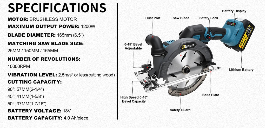Gisam 165mm 10000RPM Brushless Electric Circular Saw Cordless Adjustbale Angle Woodworking Power Tool For Makita 18v Battey Pins