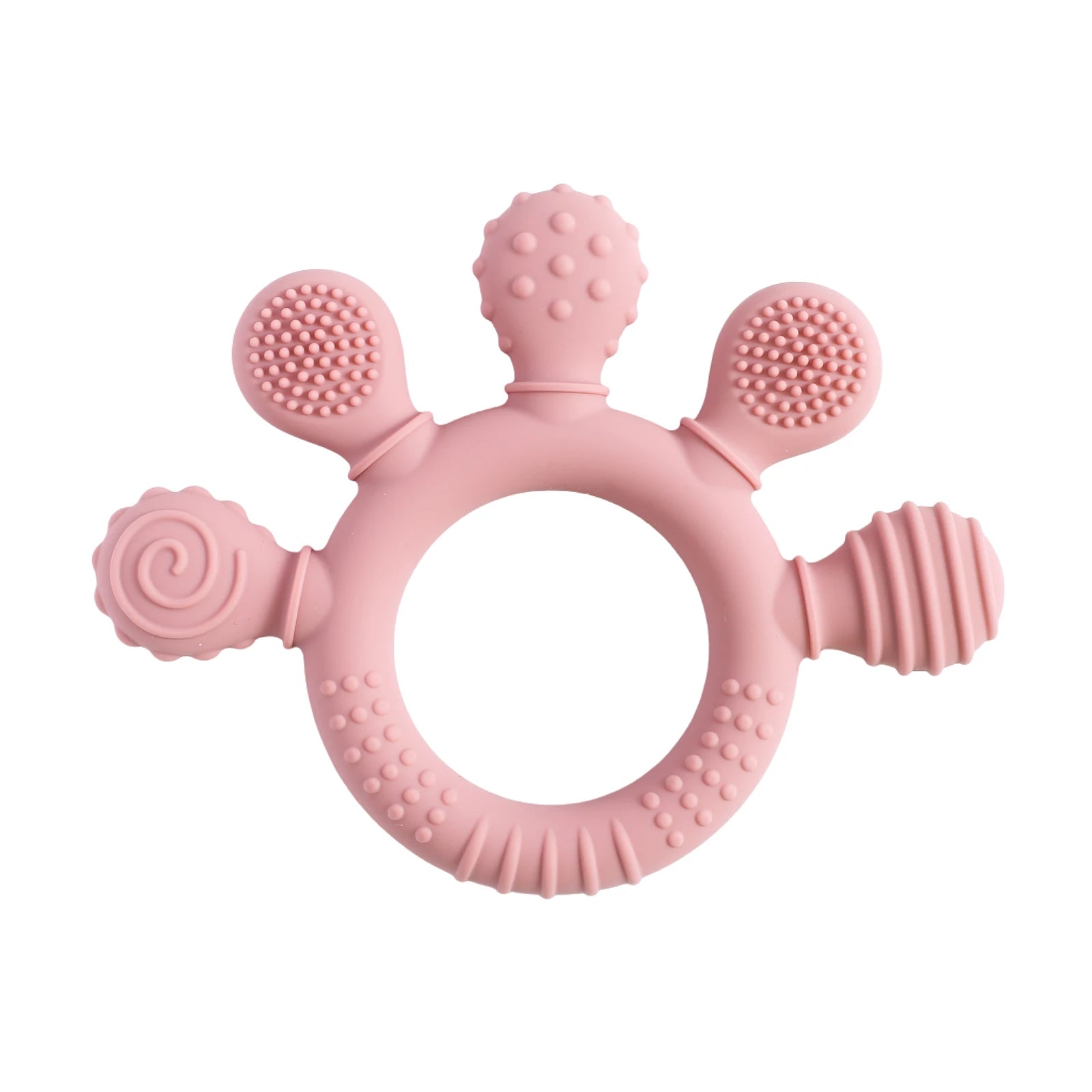 Pink silicone baby teething ring toy for infant gum relief.