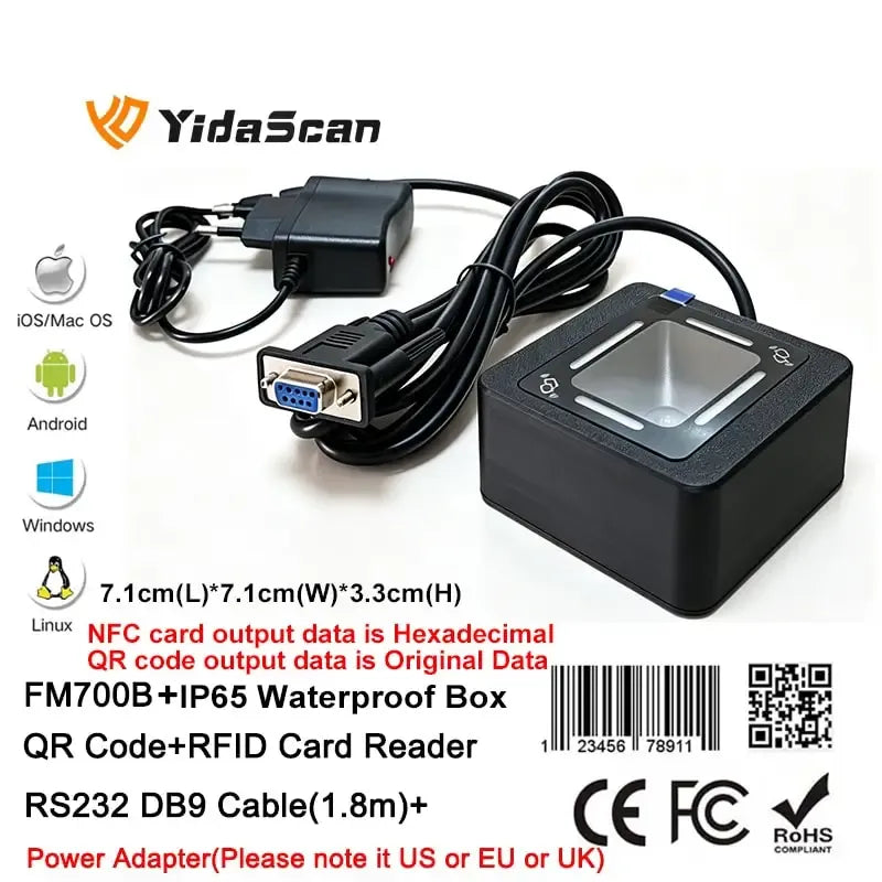 Black QR and RFID card reader with power adapter and DB9 connector cable