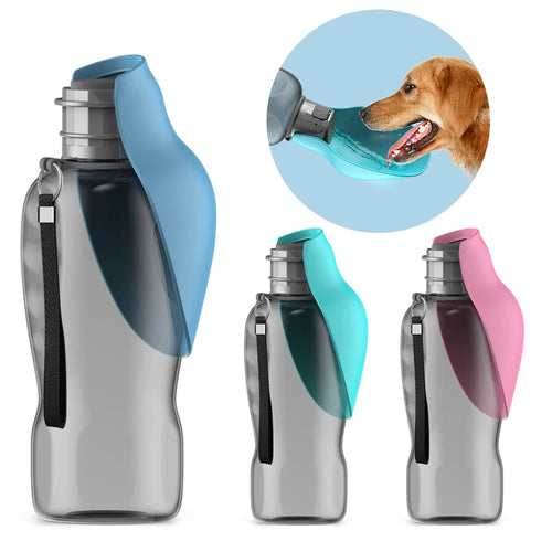 Portable dog water bottle in blue with fold-out drinking spout and carry strap