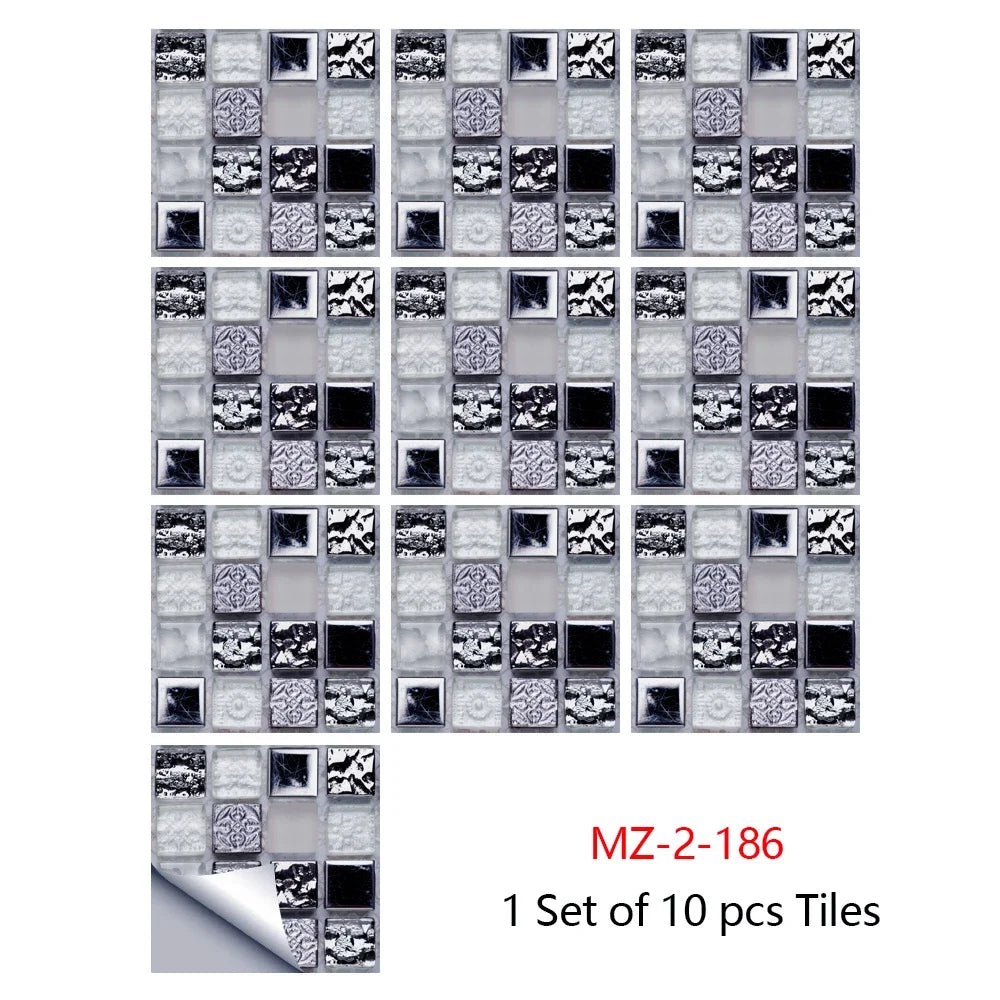 Mosaic tile sticker set, 10pcs silver-gray square tiles with black accents