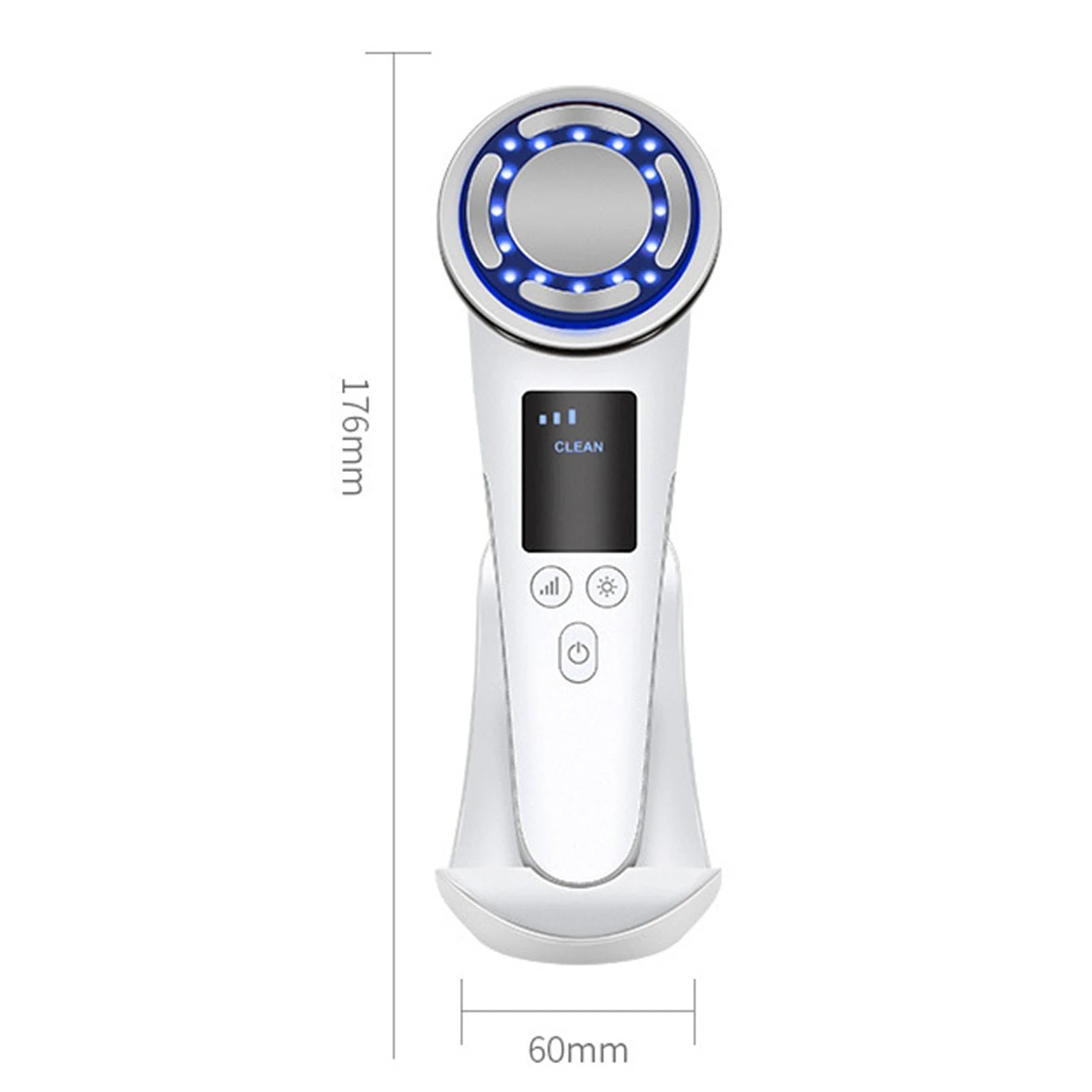 White hot and cold pulse facial beauty device with LED light therapy, vibration clean mode, and charging base.