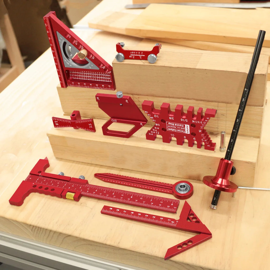 10pcs Woodworking Square Kit with Box, Aluminum Scribeing Ruler,Center Finder,Circular Drawing Compass,Honing Guide,Height Gauge