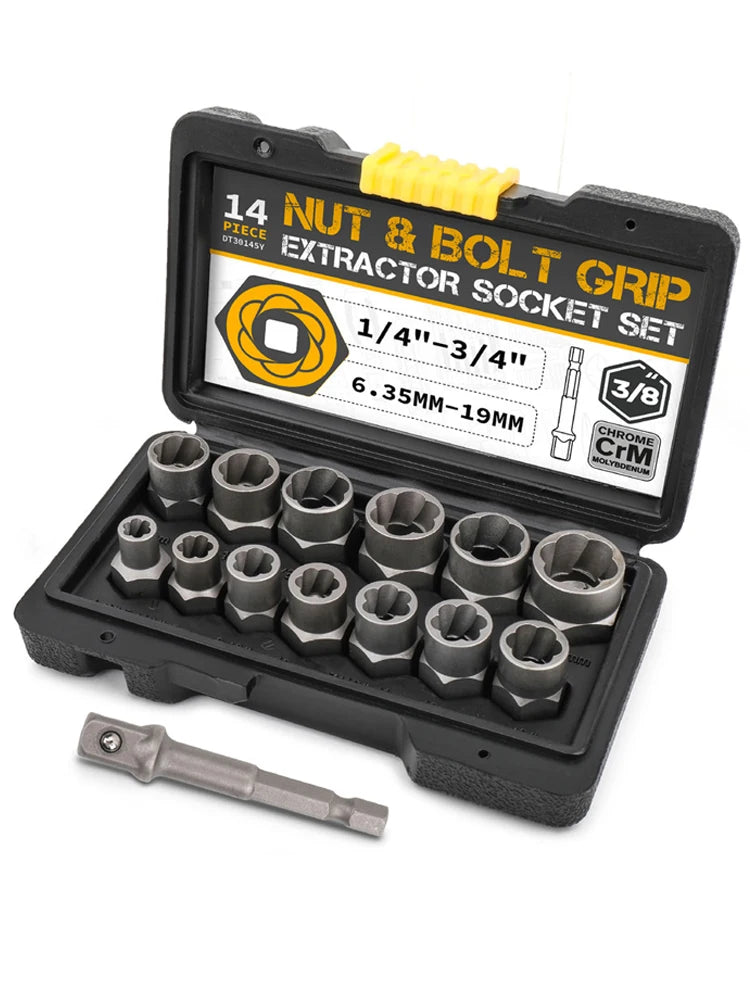 14 Pieces Impact Bolt & Nut Remover Set Cr-Mo Steel Bolt Extractor Tool Set with Solid Storage Case for Industrial Drop Shipping