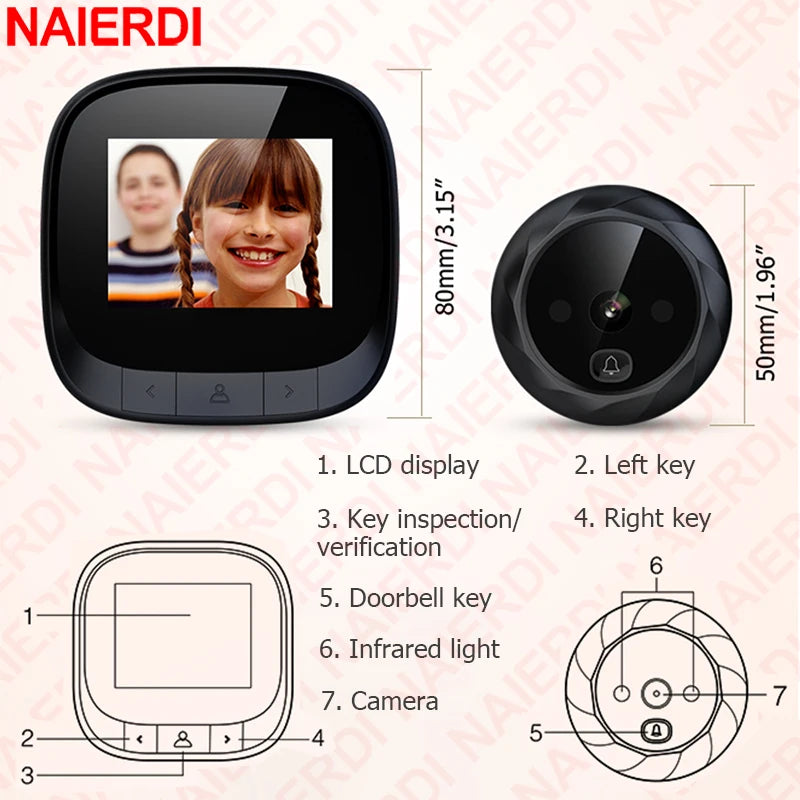 NAIERDI 2.4" LCD Smart Doorbell Camera, Electronic Digital Peephole Viewer with Night Vision Photo Recording Door Hardware