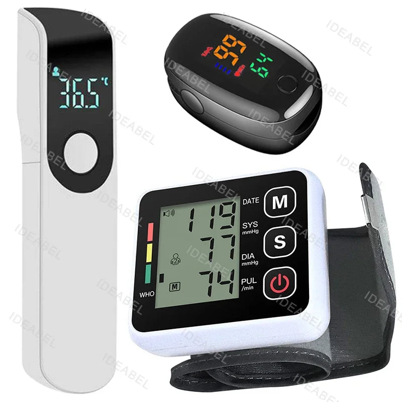 Digital Blood Pressure Monitor Wrist Tensiometer Electronic Sphygmomanometer Tonometer with LCD Forehead Digital Thermometer