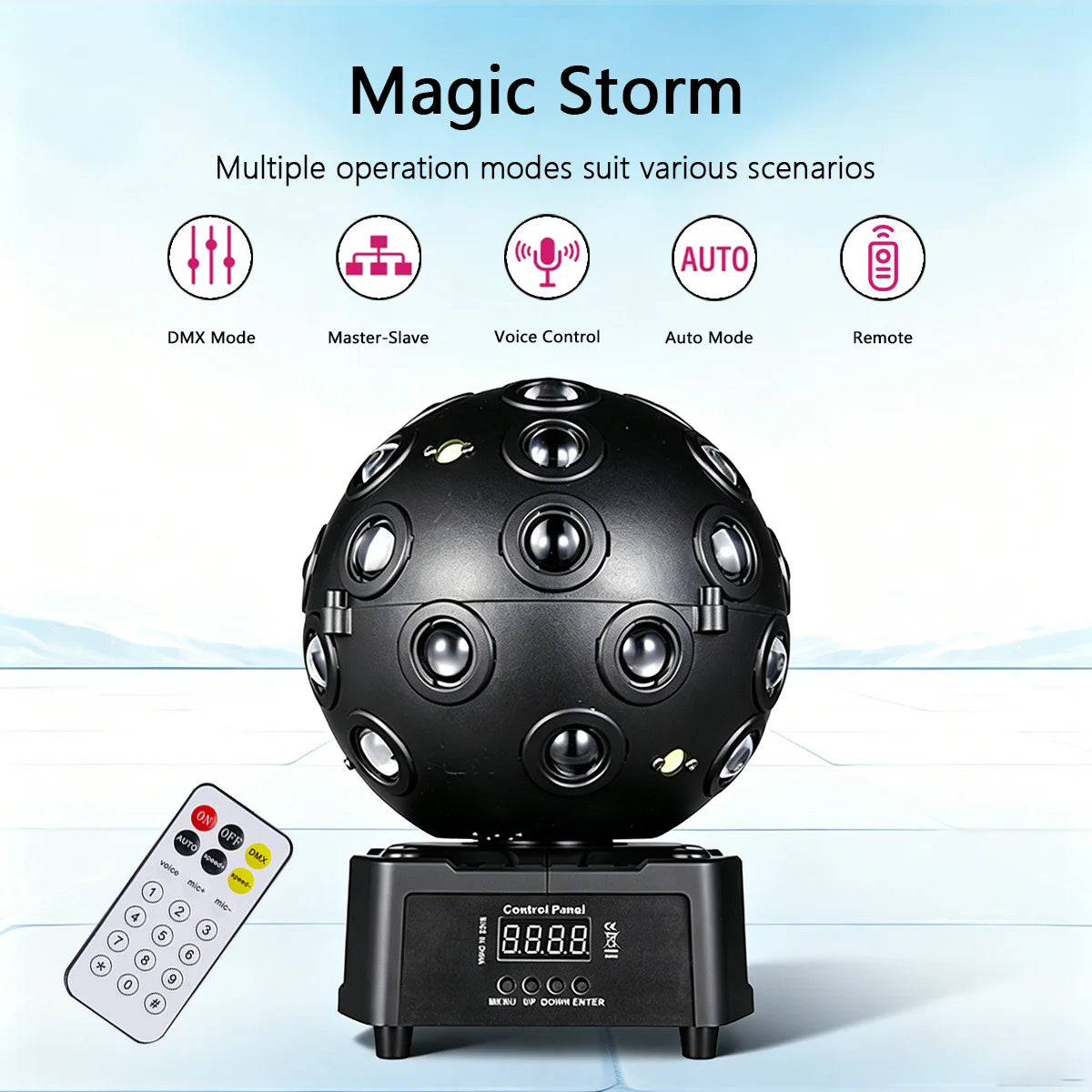 Black rotating LED disco ball stage light with control panel and remote control