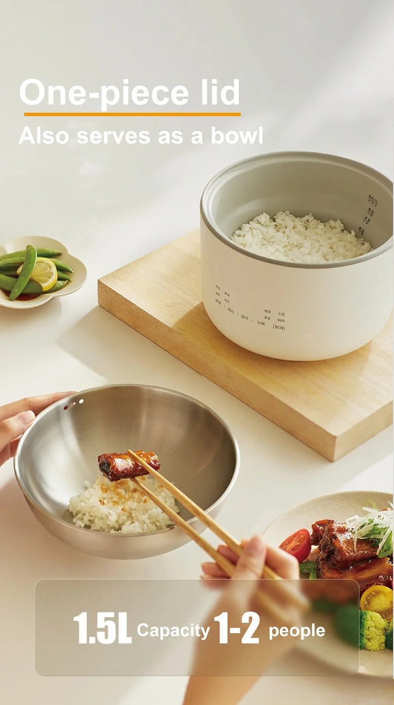 Smart white rice cooker with one-piece lid and inner pot holding cooked rice
